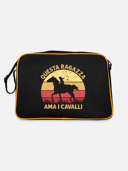 Dieses Mädchen Liebt Pferde Reiten Sonnenuntergang - Retro Tasche - Schwarz/Gold - Hinten