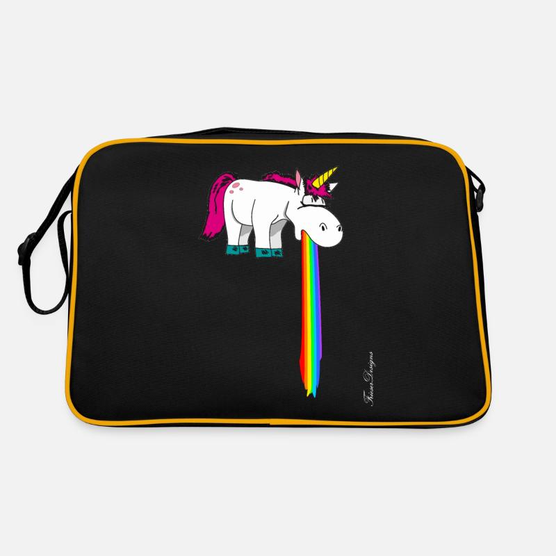 Süßes Einhorn kotzt im Strahl Regenbogen ein Retro Tasche