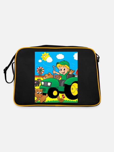 Grüner Traktor Geburtstag Bauernhof Tiere - Retro Tasche - Schwarz/Gold - Hinten