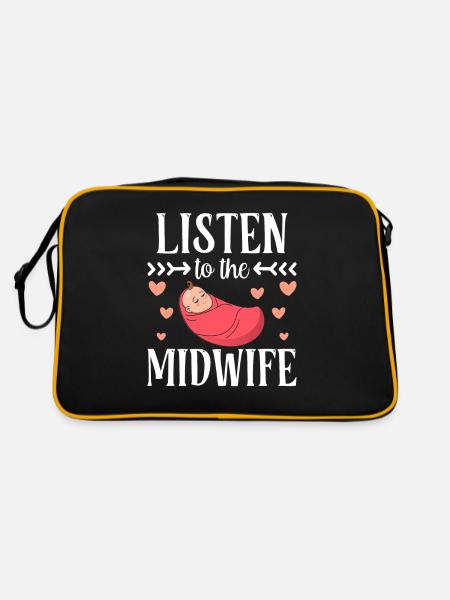 Hör Der Hebamme Zu Hebammen Beruf Geburtshilfe - Retro Tasche - Schwarz/Gold - Hinten