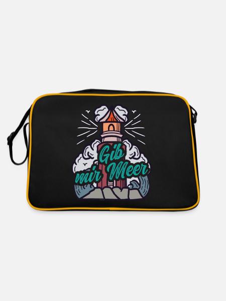 GIB MIR MEER Nordsee Spruch Geschenk Leuchtturm - Retro Tasche - Schwarz/Gold - Hinten