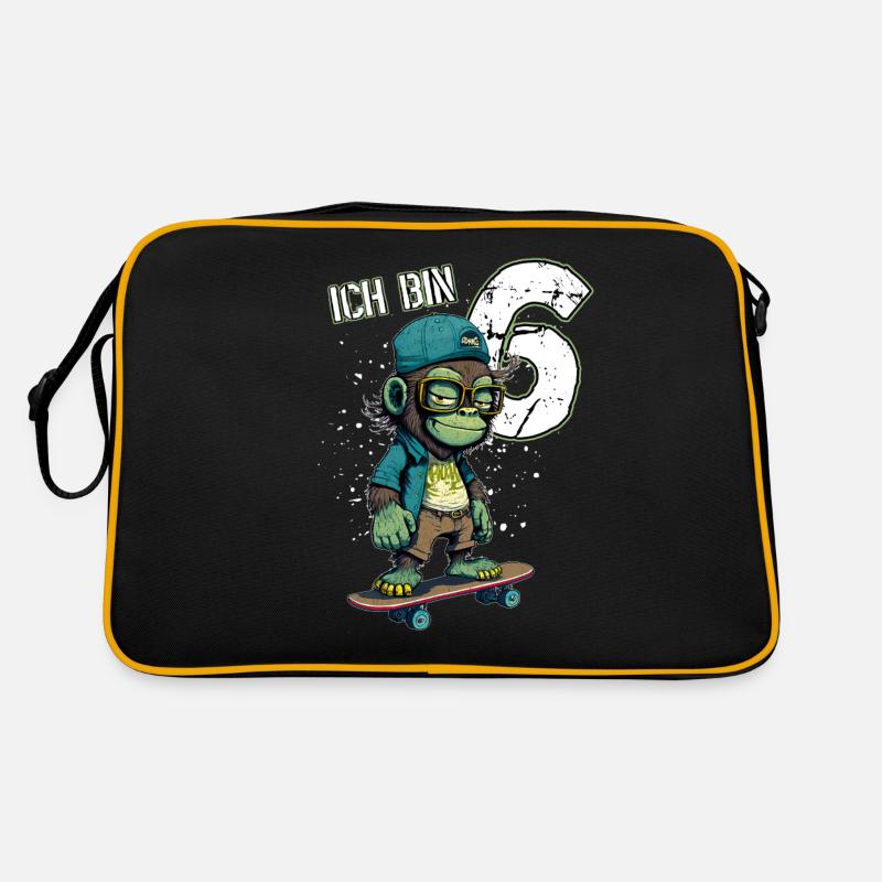 Kinder Geburtstag 6 Jahre - Skater Affe - Retro Tasche - Schwarz/Gold