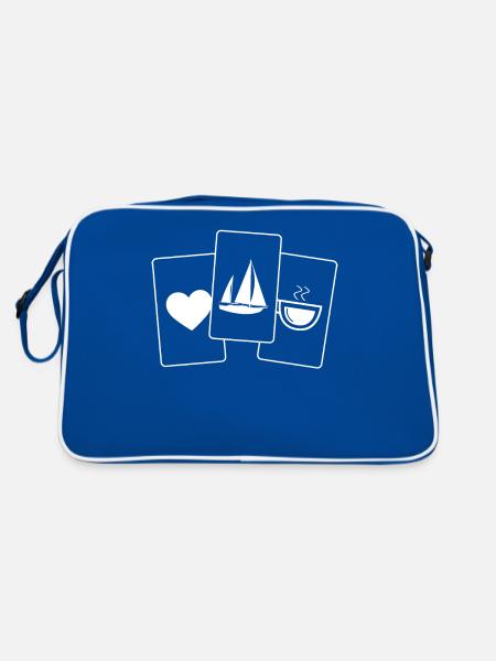 Herz - Kaffee - Segeln - - Retro Tasche - Blau/Weiß - Hinten
