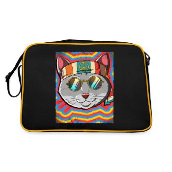 Hippie Katze Psychedelisch Trippy - Retro Tasche - Schwarz/Gold - Hinten