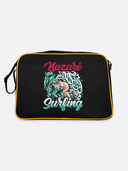 Nazaré Surfen Wellen Surfer Surfing - Retro Tasche - Schwarz/Gold - Hinten