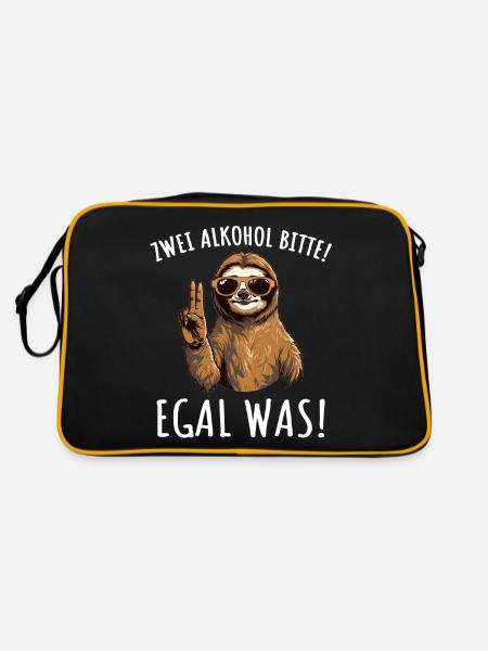 Zwei Alkohol Bitte Egal Was Faultier - Retro Tasche - Schwarz/Gold - Hinten