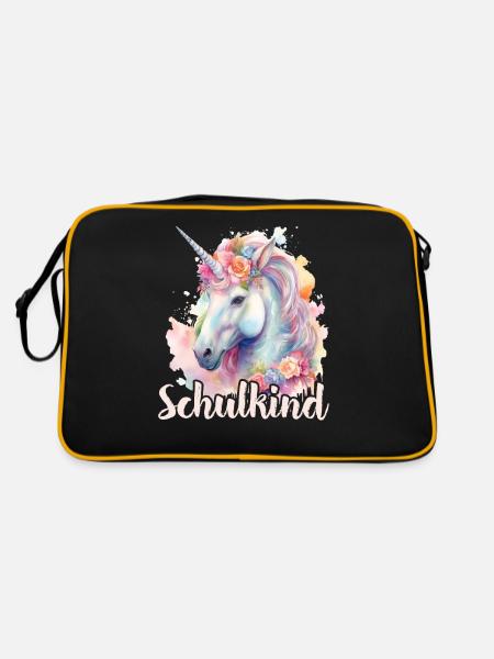 Einhorn Blumen Schulkind Einschulung 2023 - Retro Tasche - Schwarz/Gold - Hinten