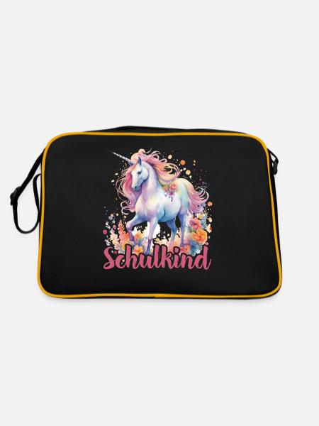 Einhorn Blumen Schulkind Einschulung 2023 - Retro Tasche - Schwarz/Gold - Hinten