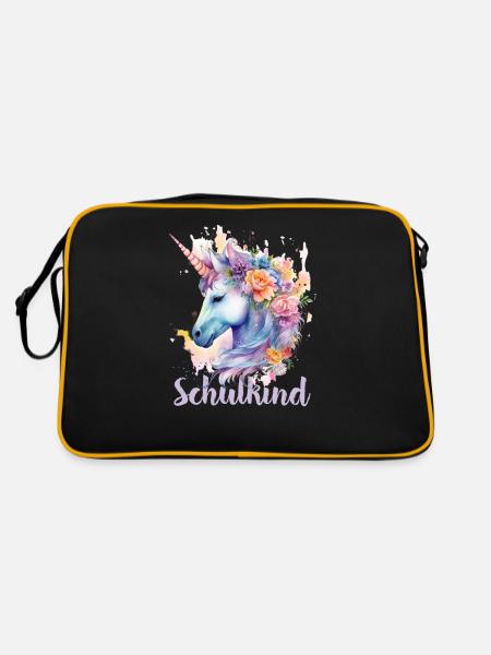 Einhorn Blumen Schulkind Einschulung 2023 - Retro Tasche - Schwarz/Gold - Hinten