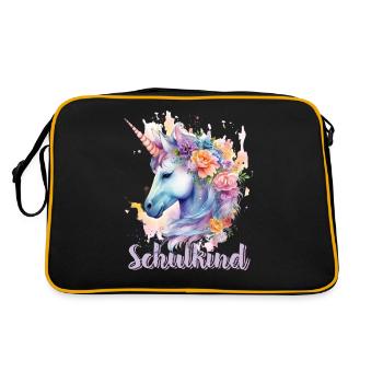 Einhorn Blumen Schulkind Einschulung 2023 - Retro Tasche - Schwarz/Gold - Hinten