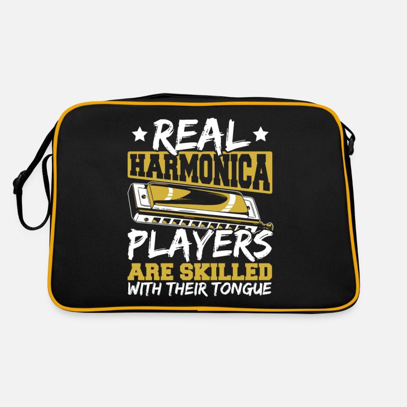 Echte Mundharmonikaspieler sind geschickt mit Retro Tasche