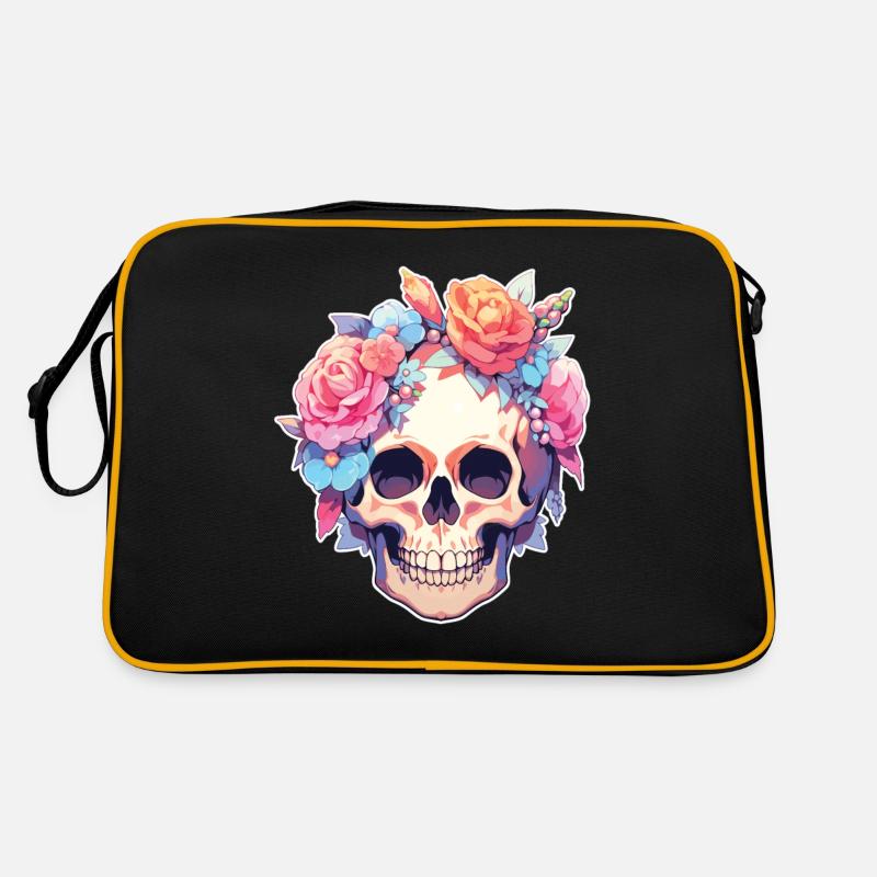 Skulls Skull Blumen Blumenschädel Totenschädel - Retro Tasche - Schwarz/Gold