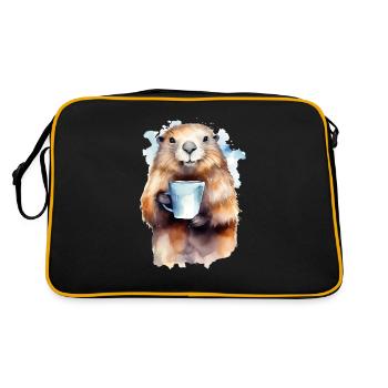 Marmot mit Kaffee -Aquarellstil - Retro Tasche - Schwarz/Gold - Hinten