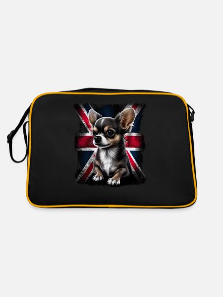 Chihuahua - Großbritannien England Flagge Farben - Retro Tasche - Schwarz/Gold - Hinten