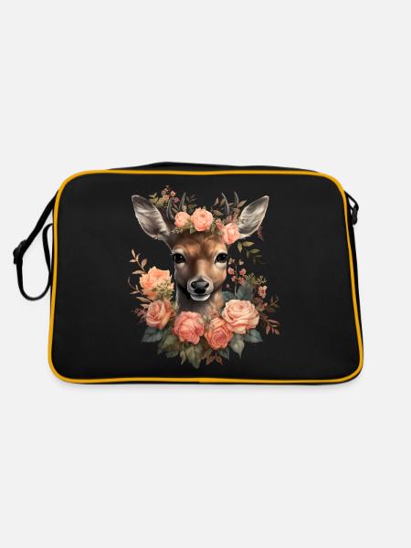 Hirsch T-Shirt Damen Trachtenshirt Trachten Tshirt - Retro Tasche - Schwarz/Gold