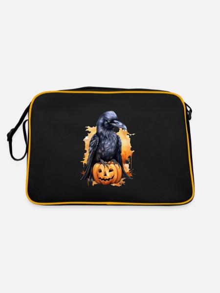 Halloween Kürbis Rabe - Retro Tasche - Schwarz/Gold - Hinten