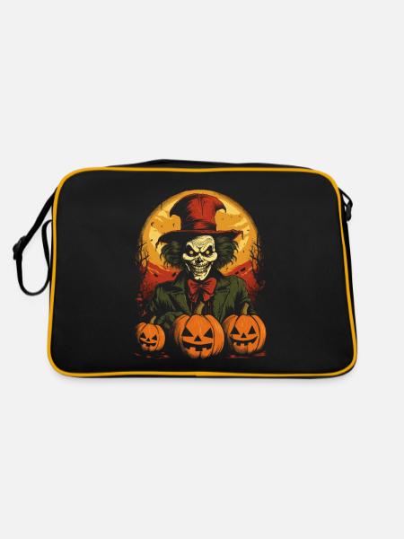 Creepy clown with pumpkins and red full moon - Retro Bag - black/gold - Back