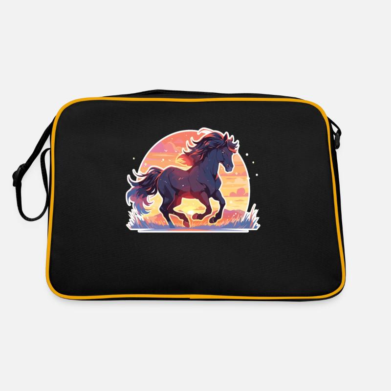 Pferde Schwarzes Pferd Pferd Sonnenuntergang Retro Tasche