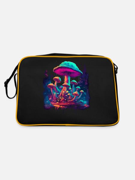 Mushroom | Fantasy Pilze Wald Natur Goa Festival - Retro Tasche - Schwarz/Gold - Hinten