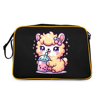 Kawaii Llama Sips Bubble Tea Cute Llama Boba Tea - Retro Bag - black/gold - Back