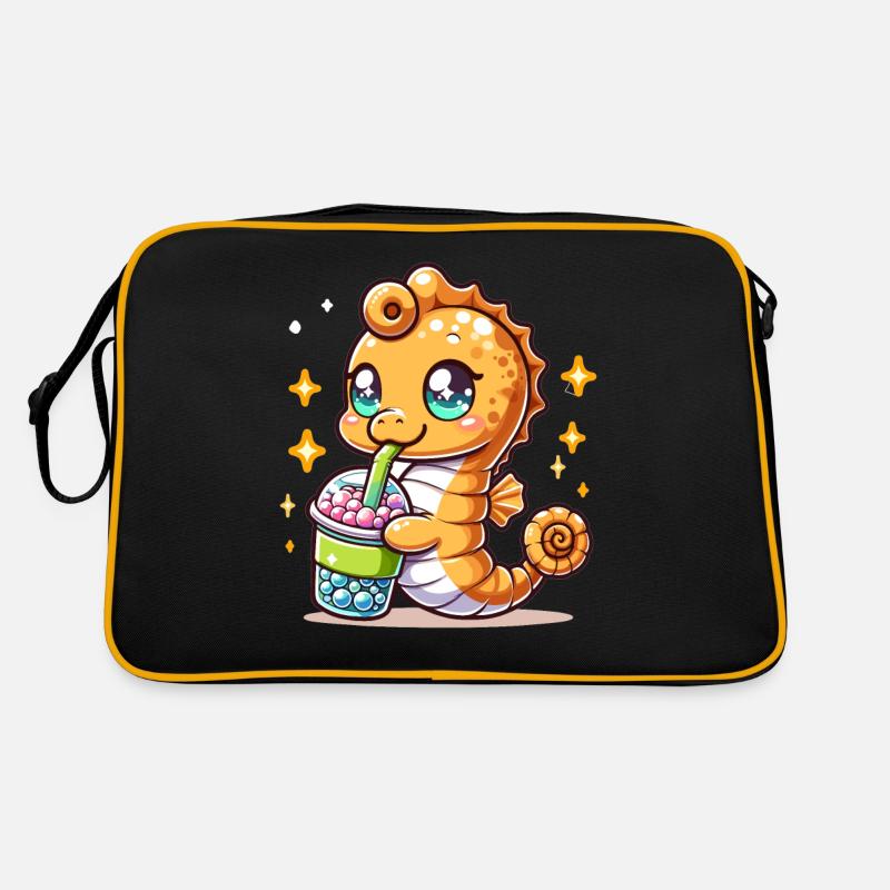 Kawaii Seepferdchen genießt Bubble Tea Meerestier Boba - Retro Tasche - Schwarz/Gold