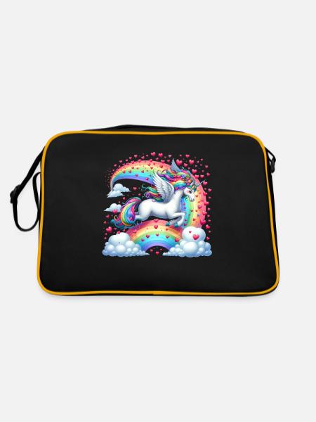 Einhorn Valentinstag Regenbogenherzen Fantasie - Retro Tasche - Schwarz/Gold - Hinten