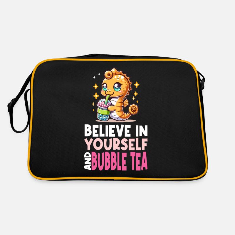 Kawaii Seepferdchen Bubble Tea Boba Milchtee - Retro Tasche - Schwarz/Gold