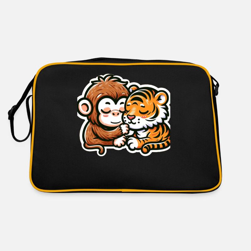 Cuddling Monkey And Tiger In Love - Retro Tasche - Schwarz/Gold