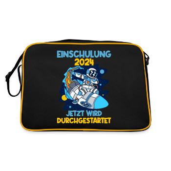 Einschulung 2024 Rakete Schulkind Schuleinführung - Retro Tasche - Schwarz/Gold - Hinten