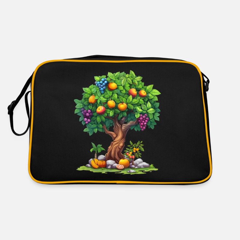 Bunter Obstbaum Mit Reifen Früchten - Retro Tasche - Schwarz/Gold