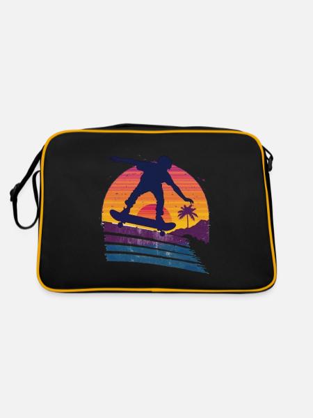 Sonnenuntergang Skateboard Silhouette - Retro Tasche - Schwarz/Gold - Hinten