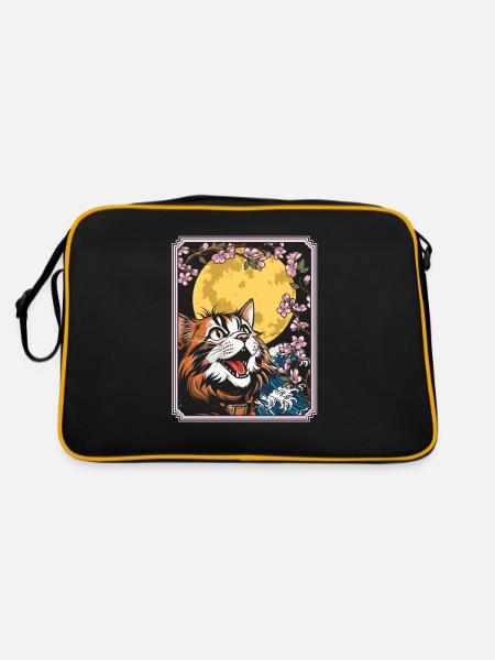 Katze Japan Cherry Blossom Moon - Retro Tasche - Schwarz/Gold - Hinten