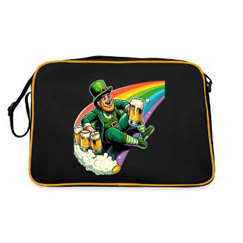 Leprechaun (Irischer Kobold) auf Regenbogen - Retro Tasche - Schwarz/Gold - Hinten