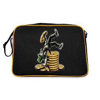 Münzstapelnder Leprechaun (Irischer Kobold) - Retro Tasche - Schwarz/Gold - Hinten
