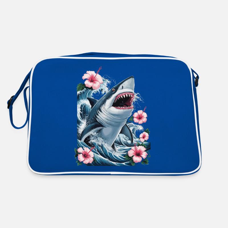Shark Waves and Hibiscus Flowers Artwork Retro Bag