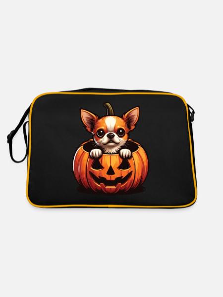 Halloween Hund, Herbst, Kürbis Chihuahua - Retro Tasche - Schwarz/Gold - Hinten