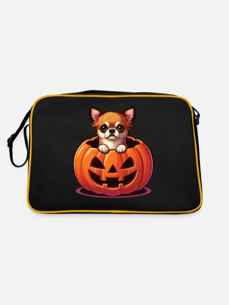Halloween Hund, Herbst, Kürbis Chihuahua - Retro Tasche - Schwarz/Gold - Hinten
