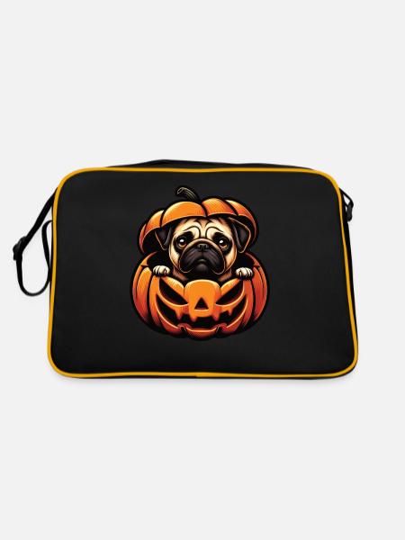 Halloween Dog, Autumn Pumpkin Pug - Retro Bag - black/gold - Back