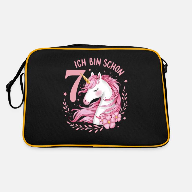 7. Geburtstag Mädchen 7 Jahre Pferd Pferde Einhorn - Retro Tasche - Schwarz/Gold