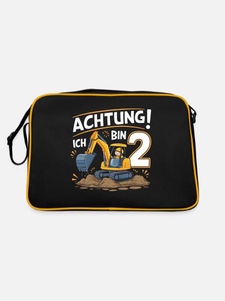 2. Geburtstag Junge 2 Jahre Bagger Baustelle - Retro Tasche - Schwarz/Gold - Hinten