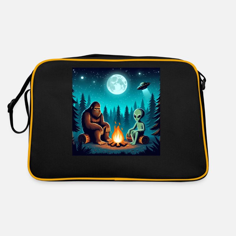 Bigfoot Mit Alien Am Lagerfeuer Retro Tasche