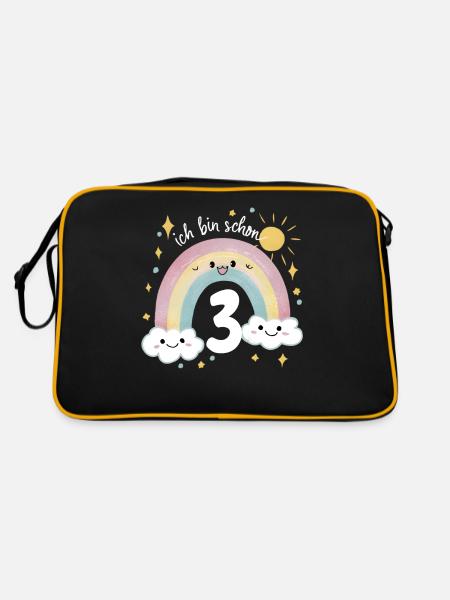 3. Geburtstag Geburtstagsshirt Regenbogen Wolke - Retro Tasche - Schwarz/Gold - Hinten