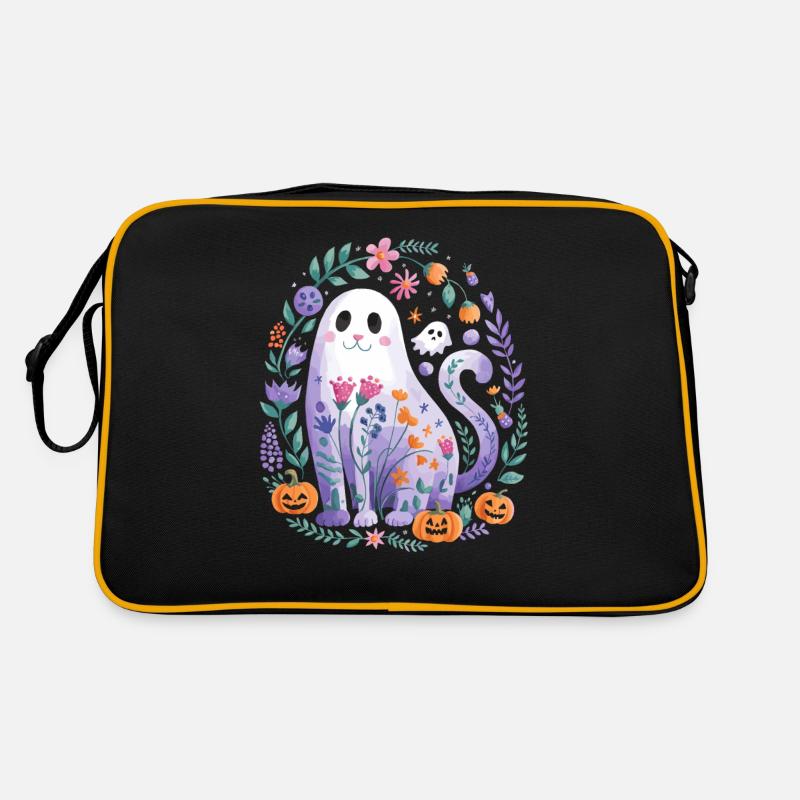 Chat mignon d'Halloween avec des citrouilles et des fleurs Sac Retro