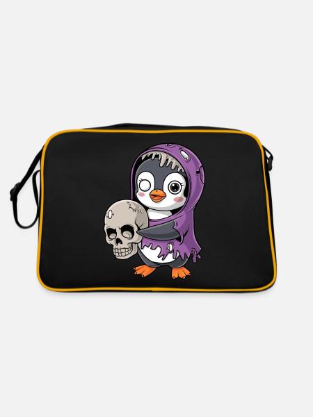 Pinguin Zombie Halloween mit Schädel - Retro Tasche - Schwarz/Gold - Hinten