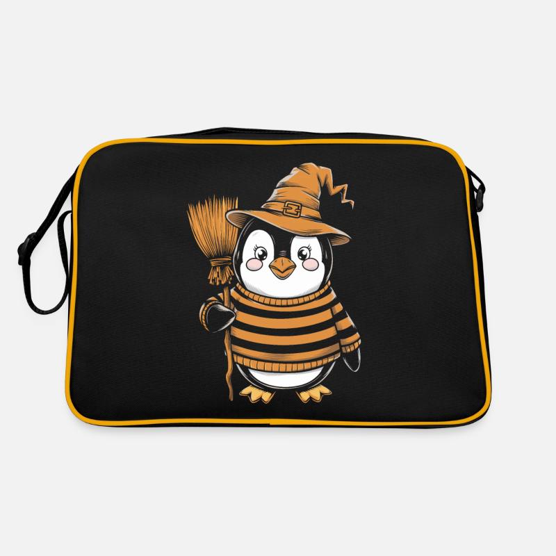 Cute Penguin Halloween Witch with Broom Retro Bag
