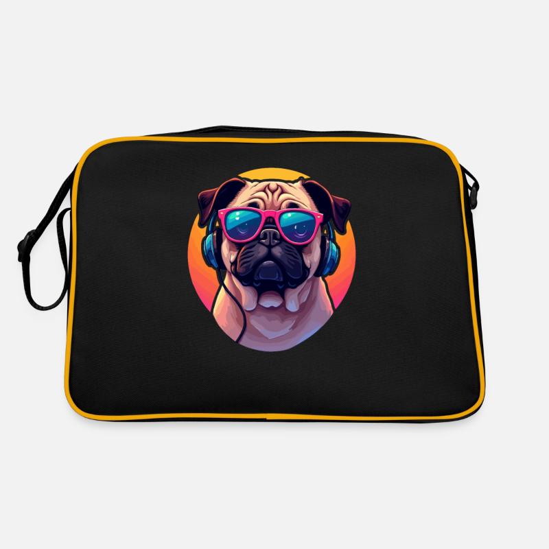 Mops mit Sonnenbrille und Kopfhörer im Pop Art Retro Tasche