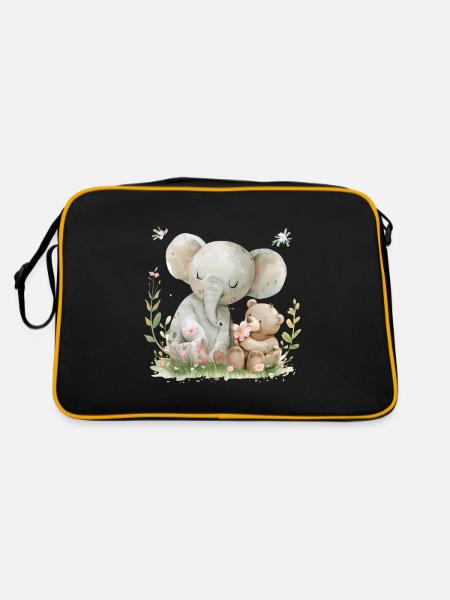 Cute Elephant And Bear Friends - Retro Tasche - Schwarz/Gold - Hinten
