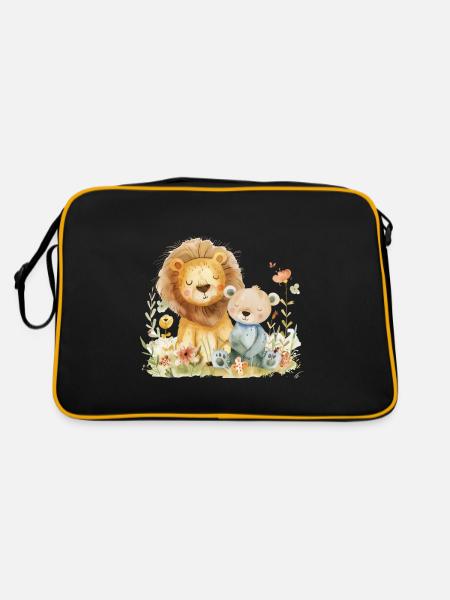 Cute Lion And Bear Friends - Retro Tasche - Schwarz/Gold - Hinten