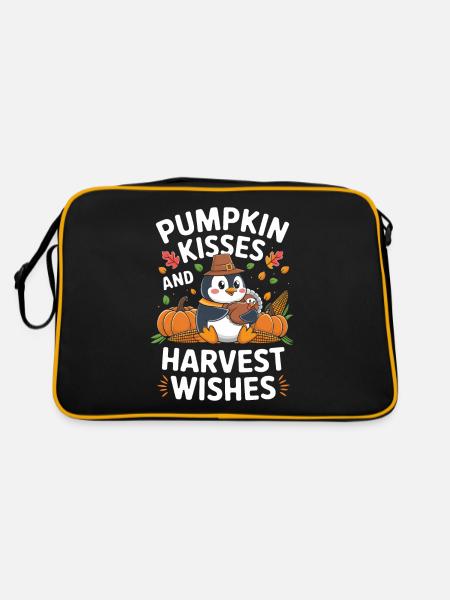 Pinguin Erntedankfest: Kürbisküsse und - Retro Tasche - Schwarz/Gold - Hinten