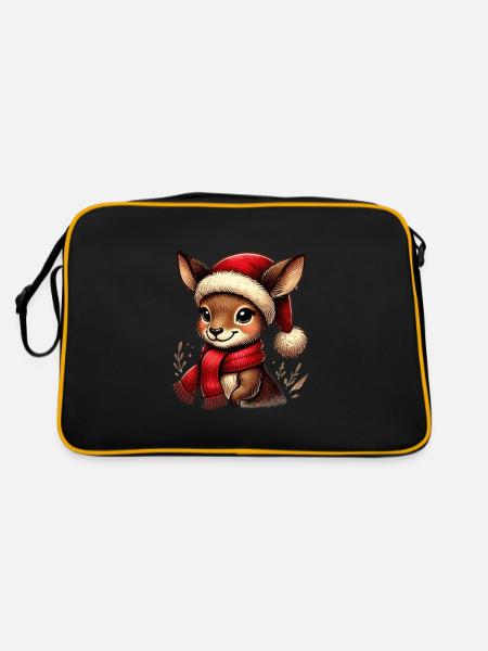 Weihnachtliches Reh Mit Weihnachtsmütze - Retro Tasche - Schwarz/Gold - Hinten